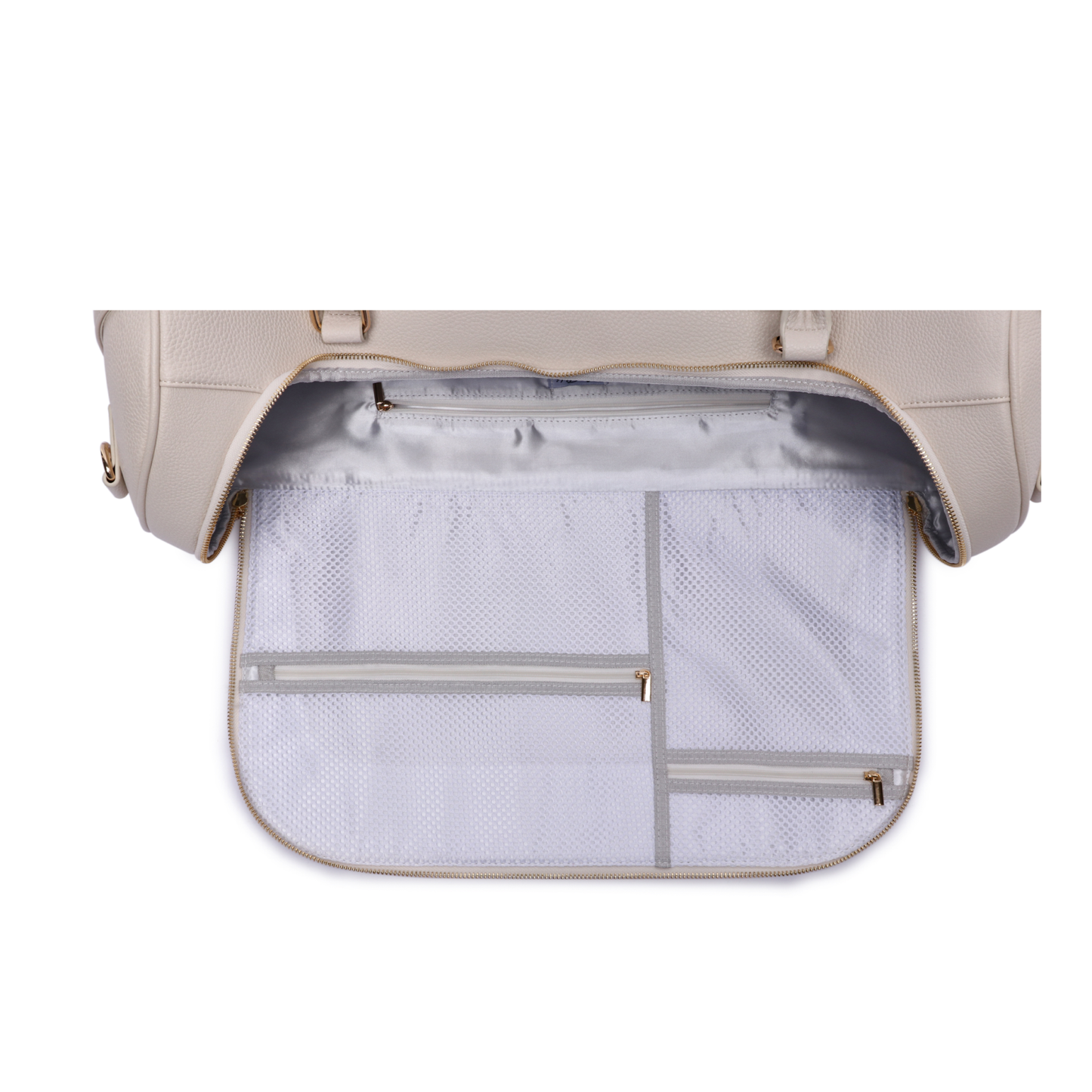 Monaco Travel Bag in pearl white with a spacious open main compartment, interior pockets, and top handles.