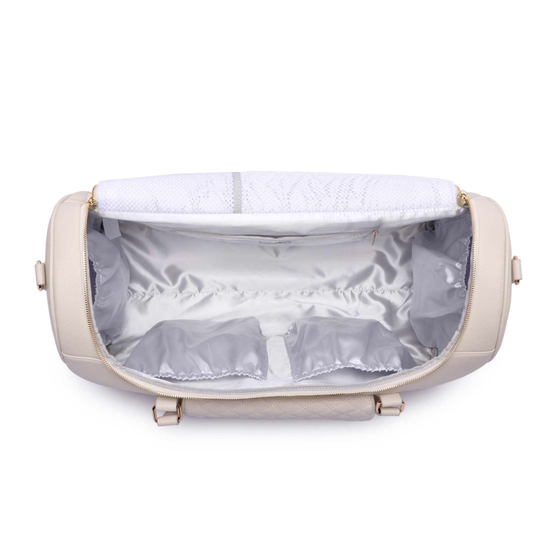Monaco Travel Bag in pearl white open to reveal spacious satin-lined interior.