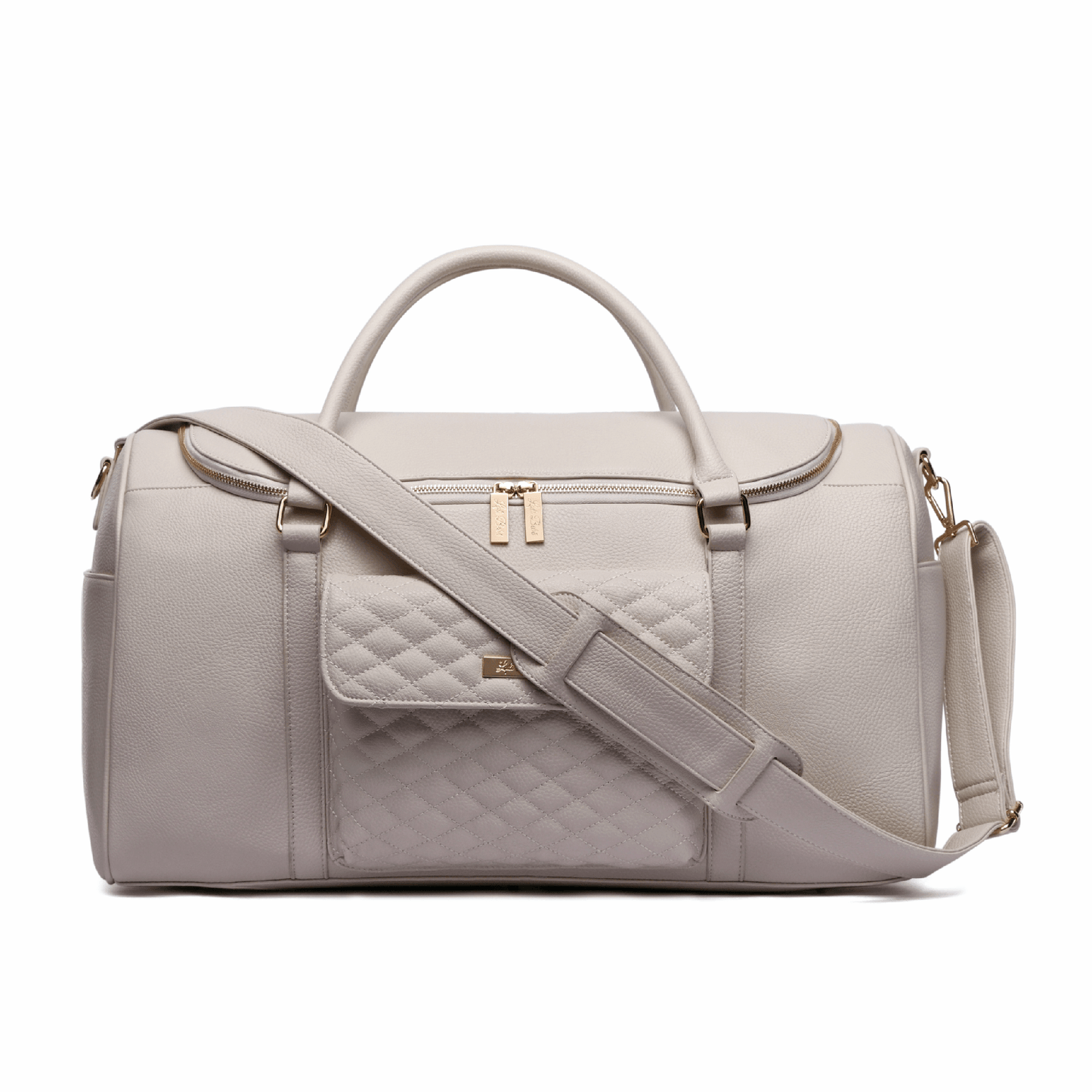 Monaco Travel Bag in pearl white vegan leather with quilted design and adjustable strap.
