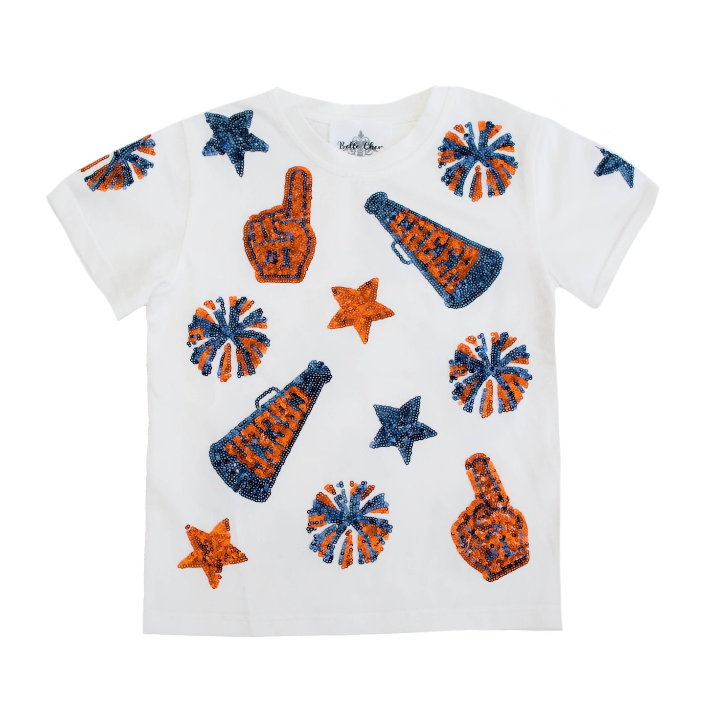 White shirt with navy and orange cheer-themed sequins including pom-poms, foam fingers, stars, and megaphones.