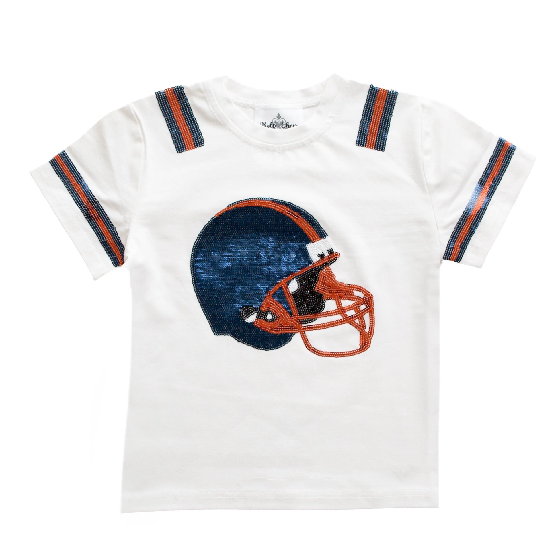 White kid shirt with navy and orange helmet graphic and matching striped sleeves Navy and Orange Helmet Kid Shirt