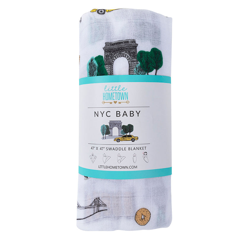 Gift Set: New York City Baby Muslin Swaddle Blanket and Burp Cloth/Bib Combo Extra Large Bamboo Cotton