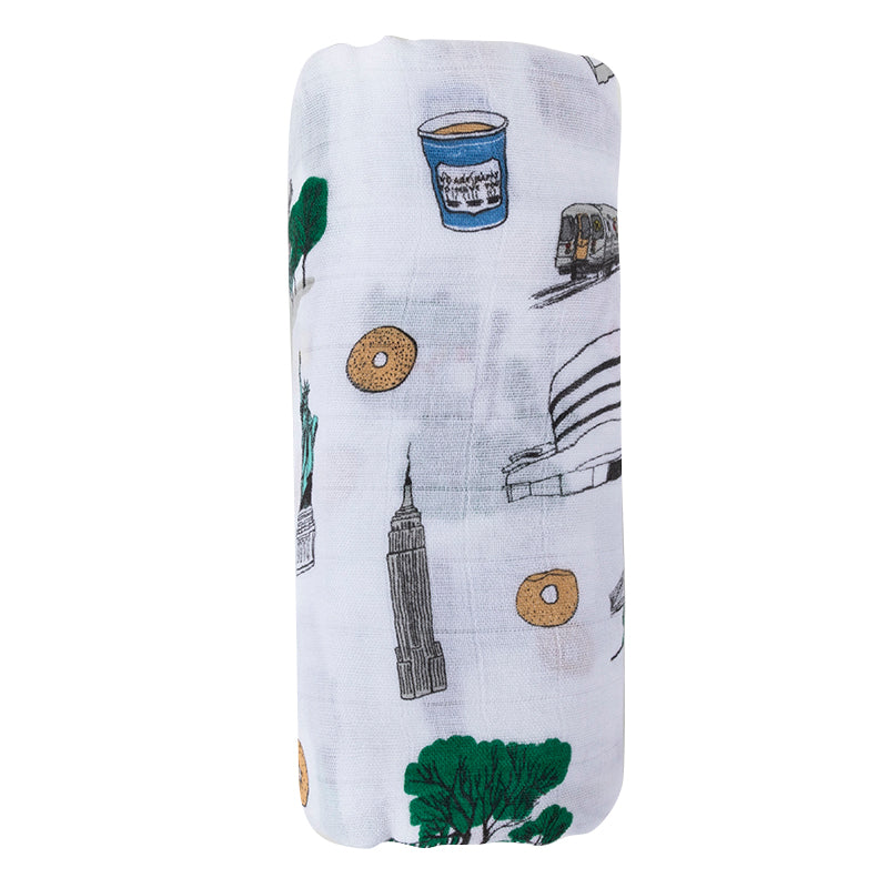 Gift Set: New York City Baby Muslin Swaddle Blanket and Burp Cloth/Bib Combo Extra Large Bamboo Cotton