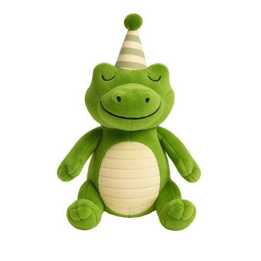 Green plush alligator toy with a party hat on a white background