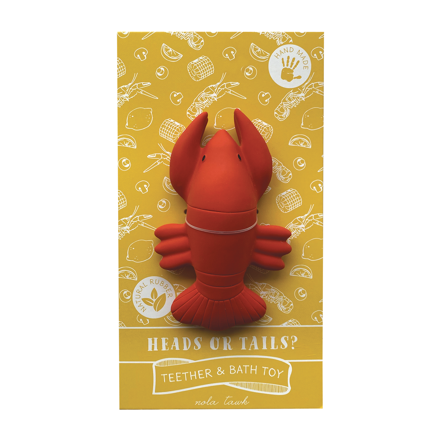 Red crawfish teether and bath toy on a yellow background with patterns