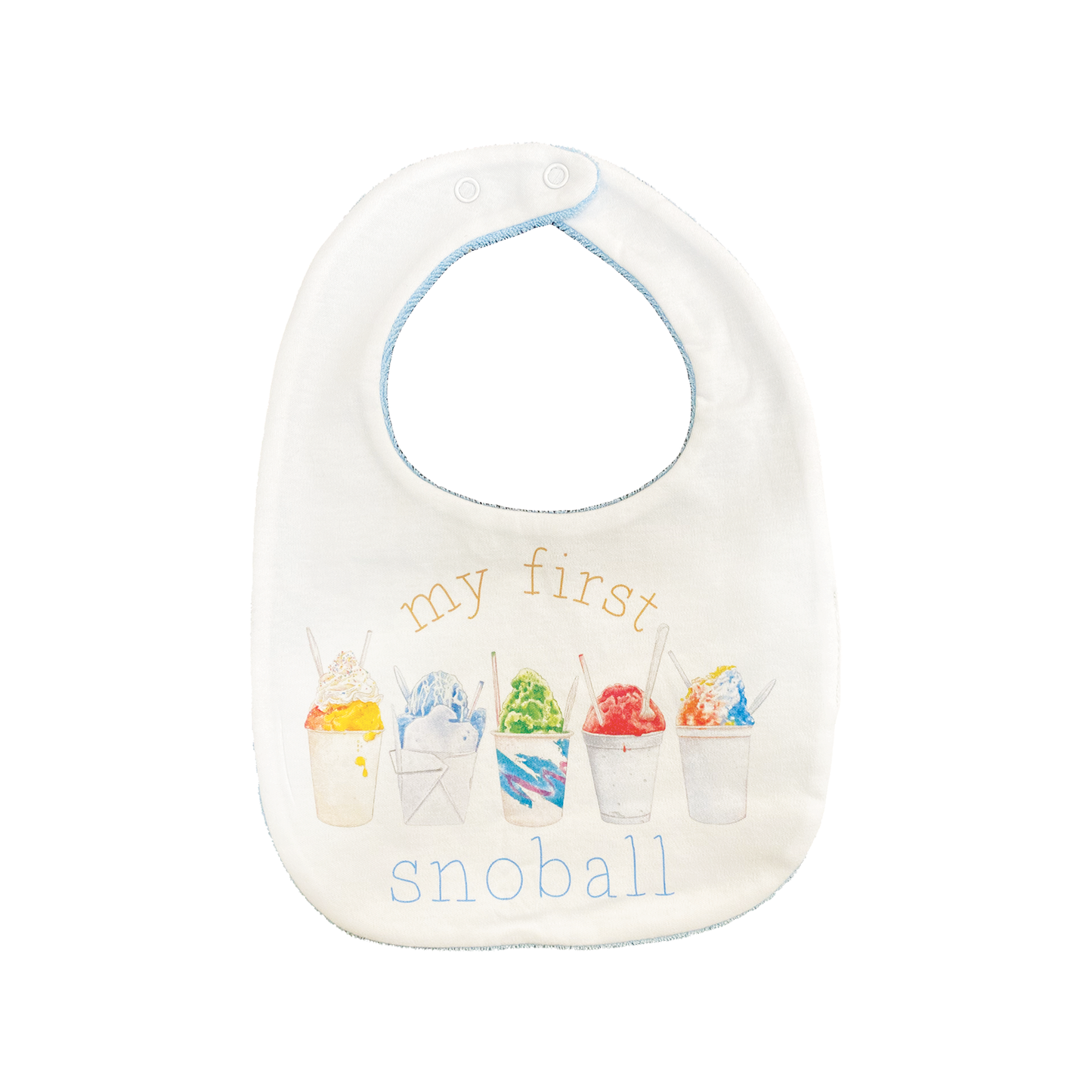 Baby bib with Snoball illustrations and text on a white background