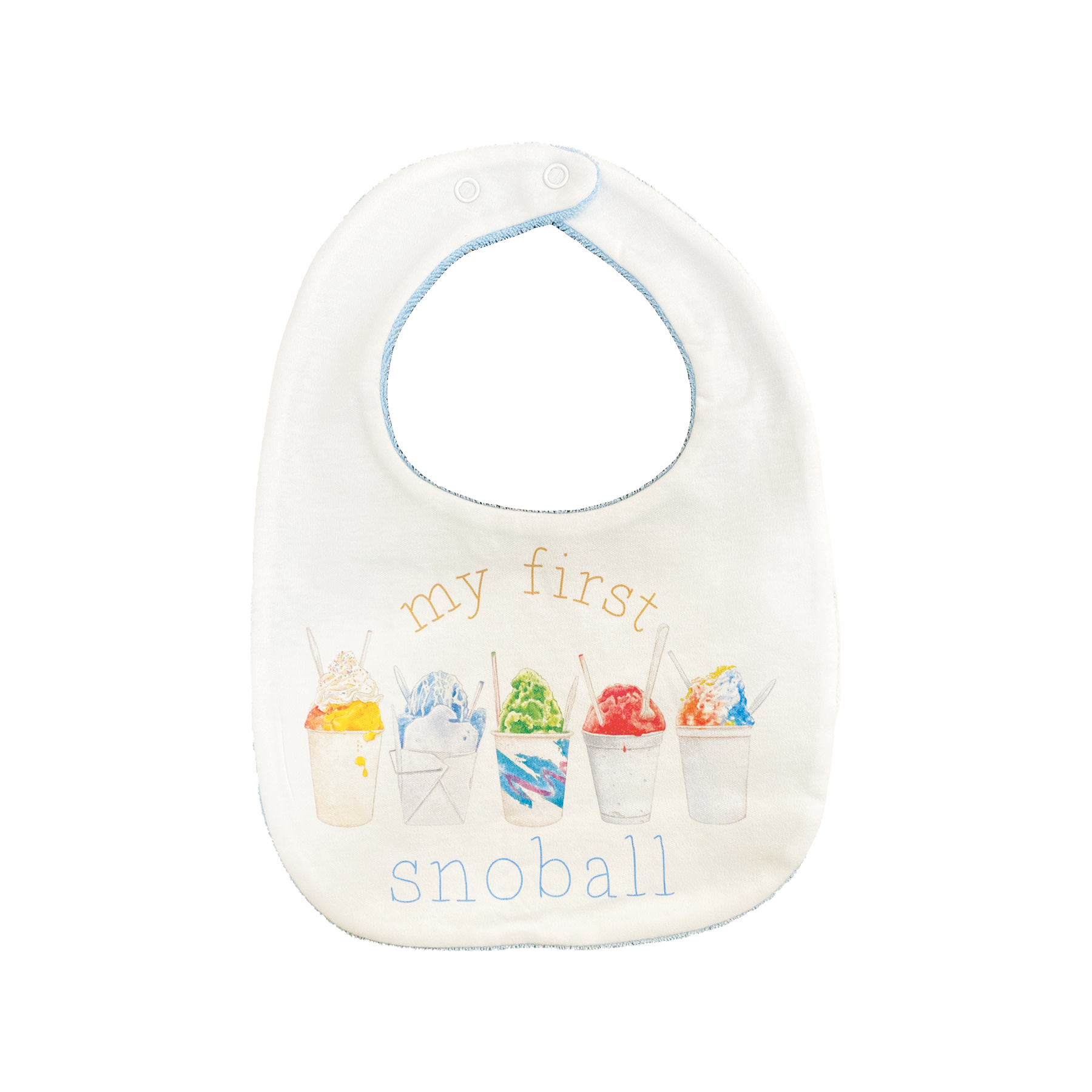 Baby bib with Snoball illustrations and text on a white background
