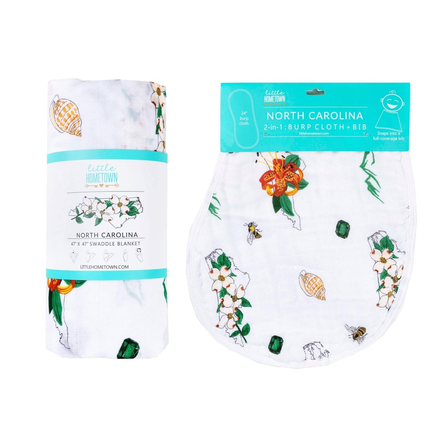 Gift Set: North Carolina Baby Muslin Swaddle Blanket and Burp Cloth/Bib Combo (Floral) full length view