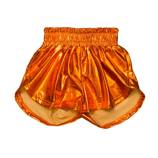 Orange metallic shorts with a shiny finish and elastic waistband for a comfortable fit