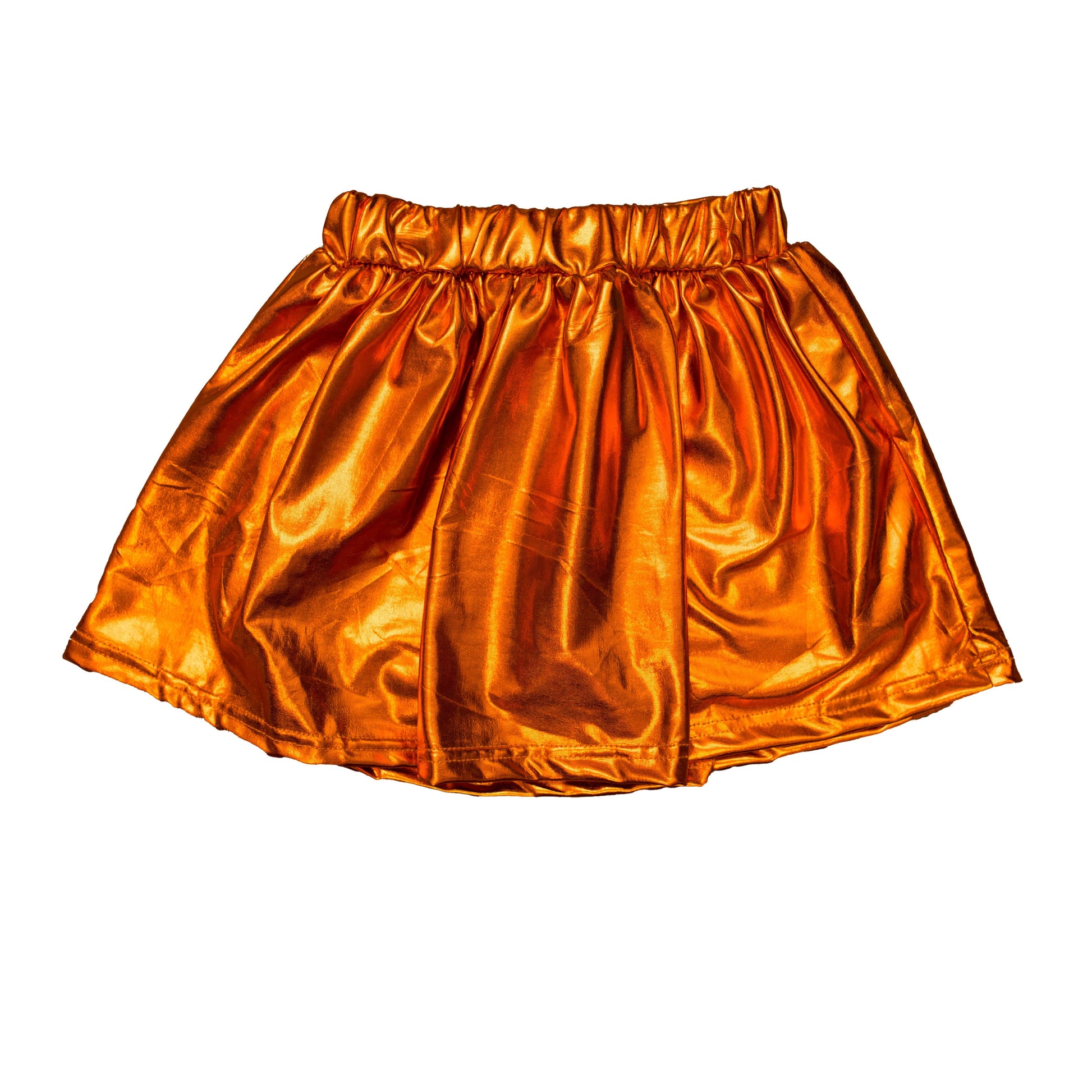 Orange metallic skort with elastic waistband and shiny fabric blend of skirt and shorts