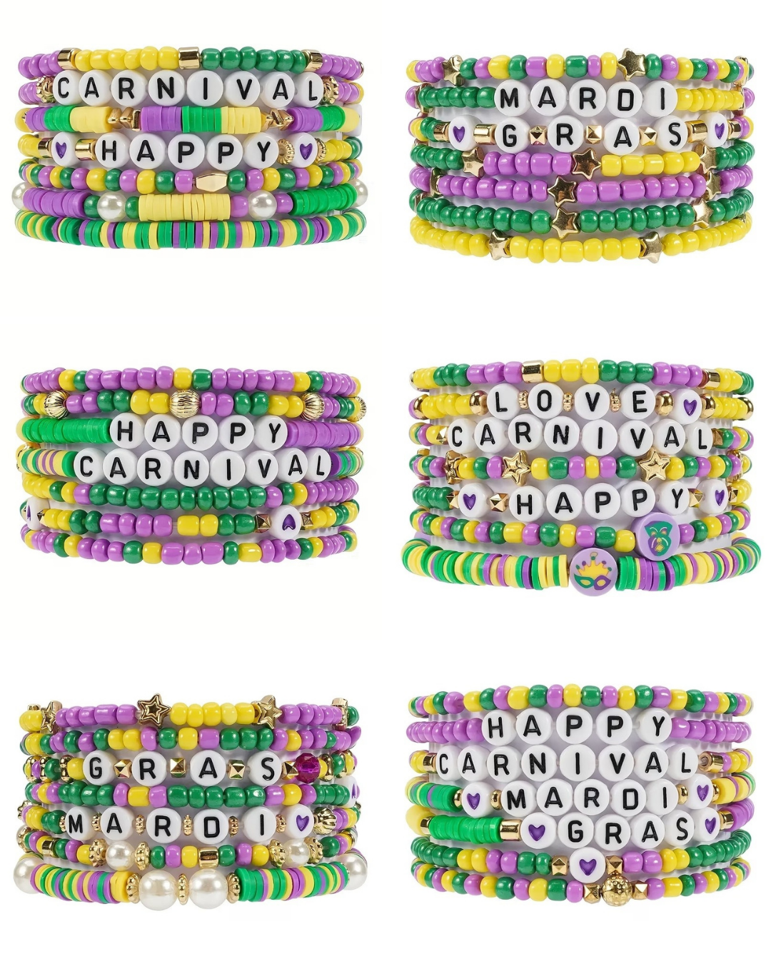 Mardi Gras Beaded Bracelet Set (7-Pack) – Stretchy Multi-Layer Elastic Wristbands, Assorted Styles