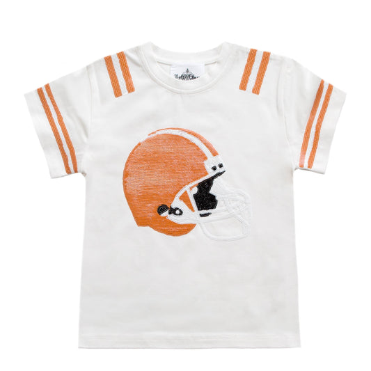 White kid shirt with orange football helmet design and orange stripes on sleeves and shoulders, soft and comfy Orange Helmet Kid Shirt