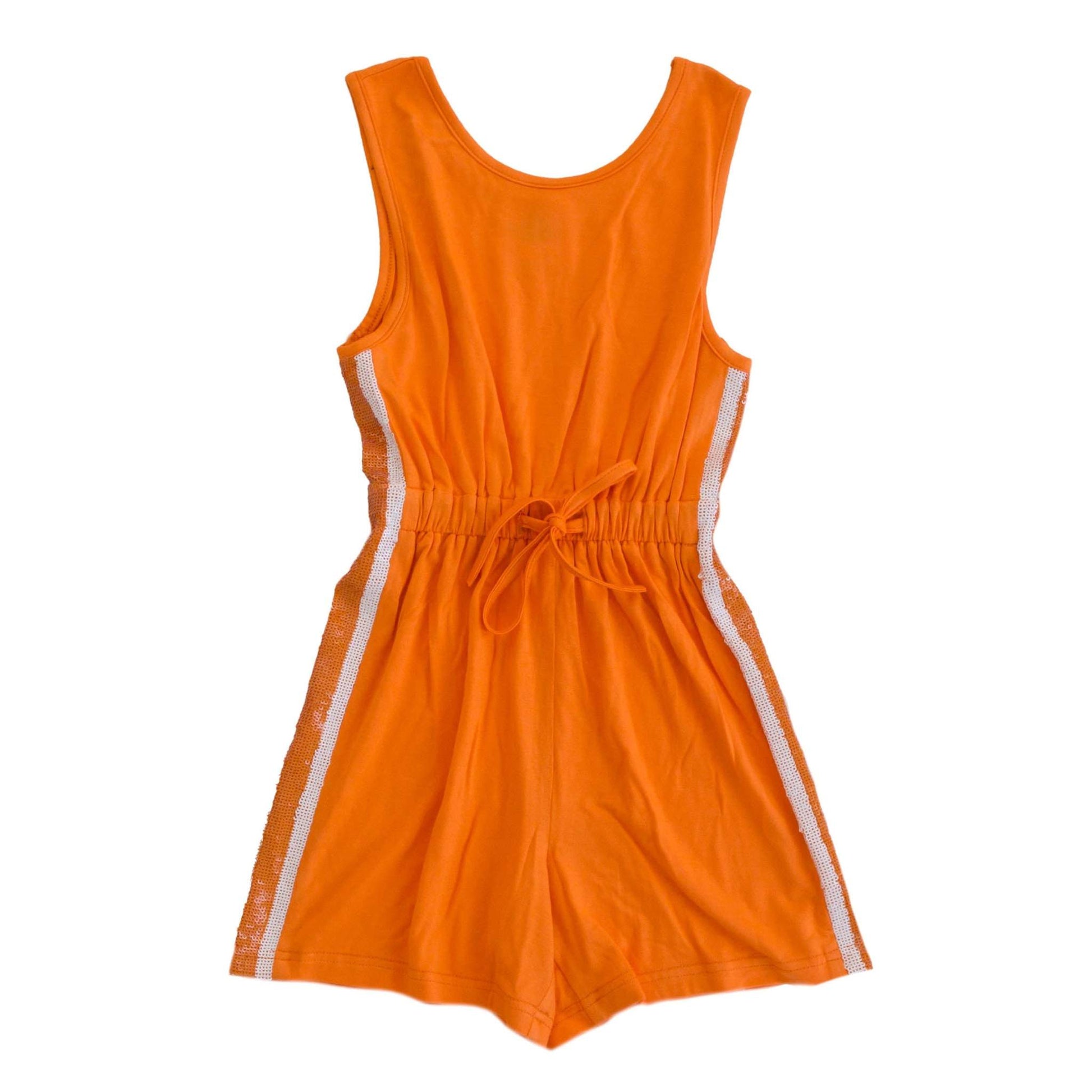 Orange and white sequin striped kids romper with sleeveless design and drawstring waist