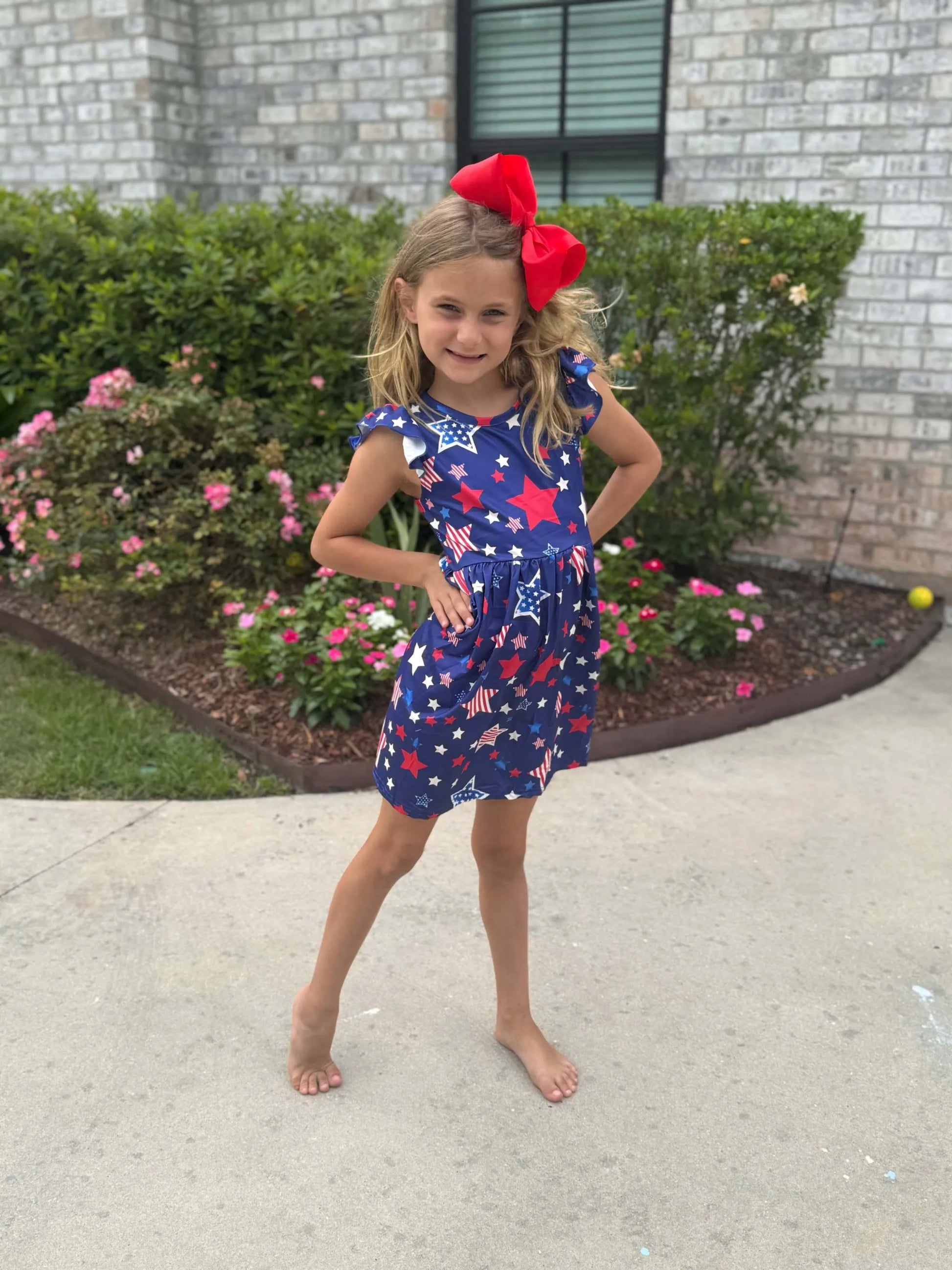 Patriotic Girls Dress with Star Graphics and Ruffle Sleeves