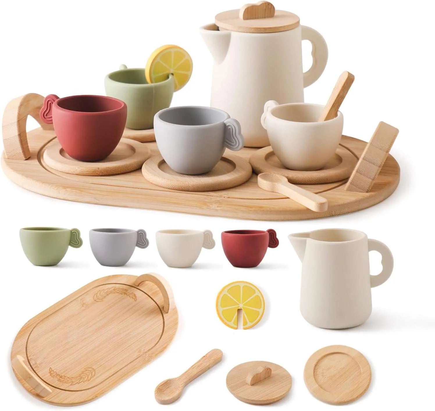 Personalized Kids’ Wooden Tea Set – 14-Piece Pretend Play Set with Engraved Bamboo Tray – Montessori-Inspired Toy for Toddlers & Children