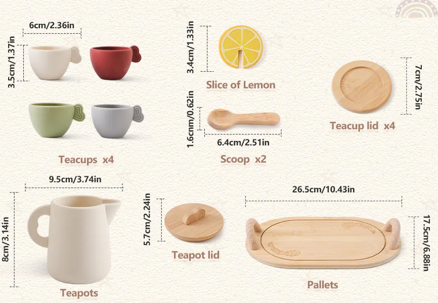 Personalized Kids’ Wooden Tea Set – 14-Piece Pretend Play Set with Engraved Bamboo Tray – Montessori-Inspired Toy for Toddlers & Children