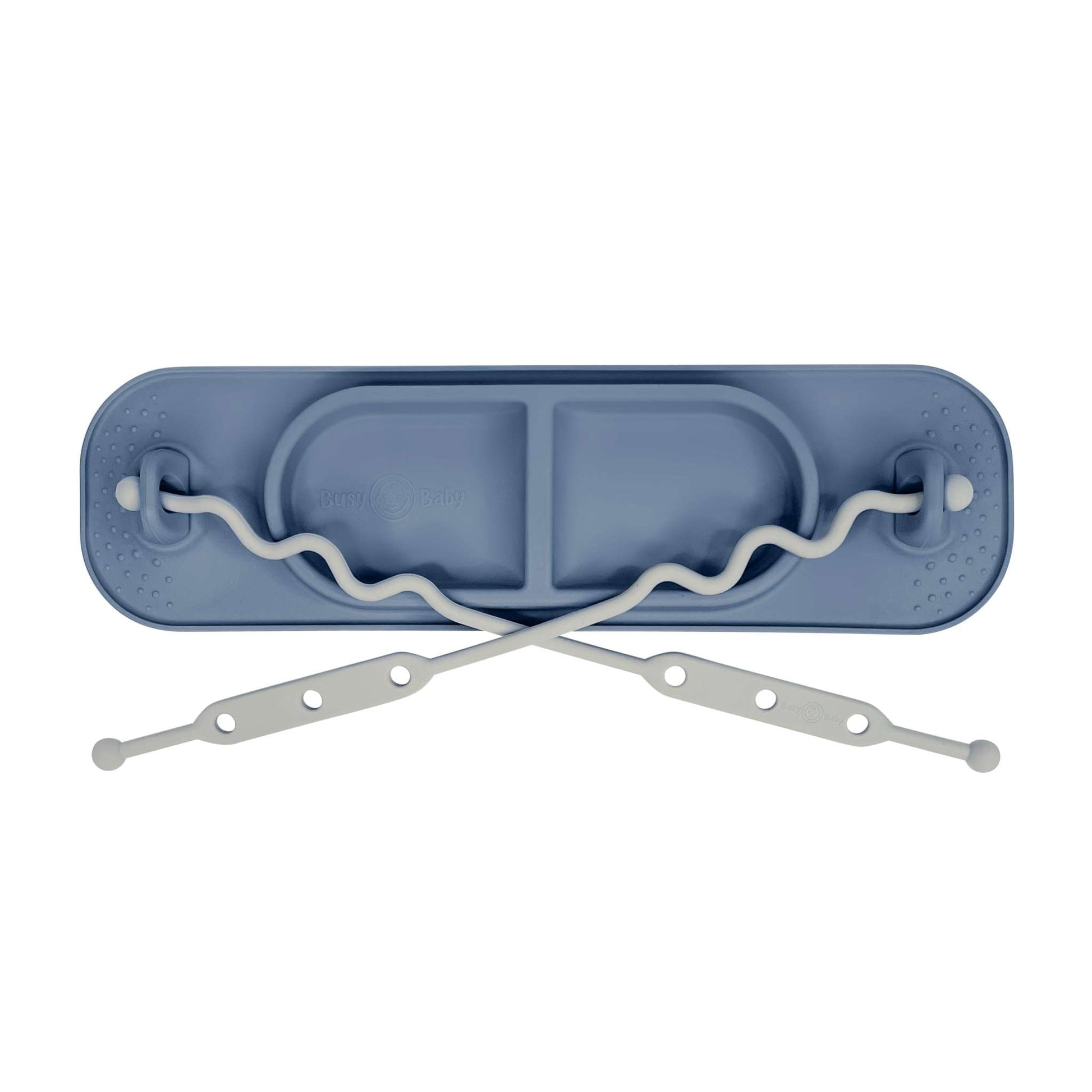 Busy Baby Mini Mat in pewter with suction cups and toy straps for secure attachment and travel use