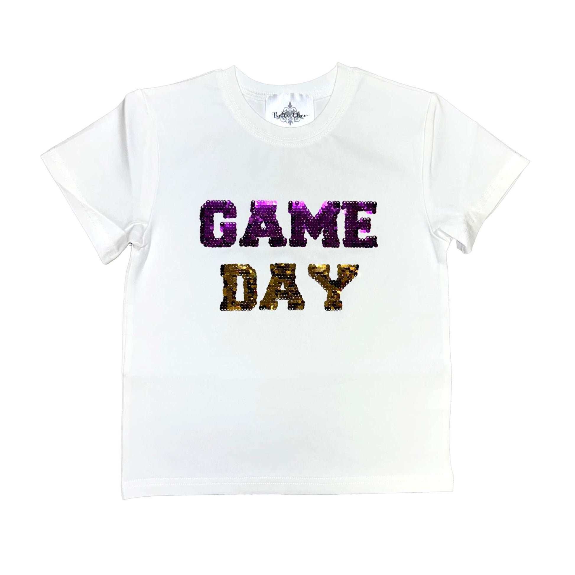 White kid shirt with purple and gold flip sequin "GAME DAY" text
