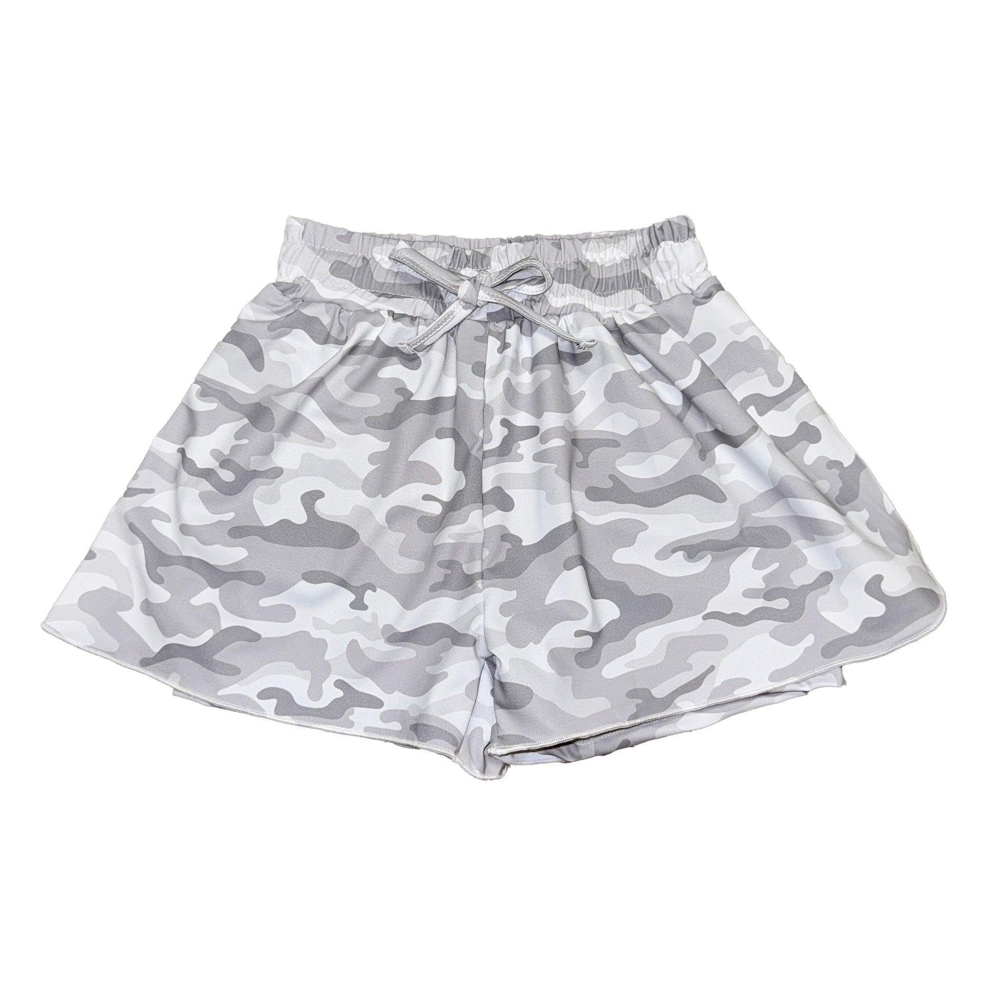 Camo Kid Butterfly Shorts in gray camo pattern with elastic waistband and drawstring for kids