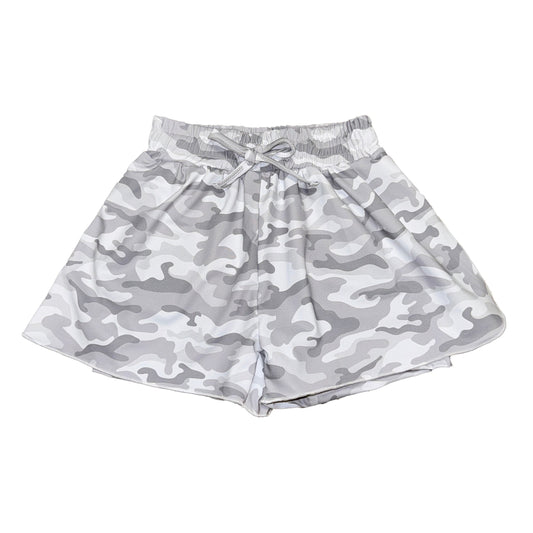Camo Kid Butterfly Shorts in gray camo pattern with elastic waistband and drawstring for kids