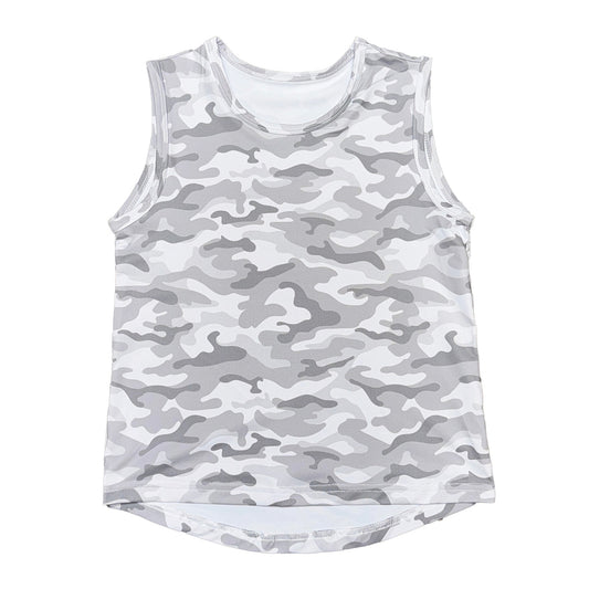 Camo High Low Kid Tank in grey and white camouflage with sleeveless design and high-low hem