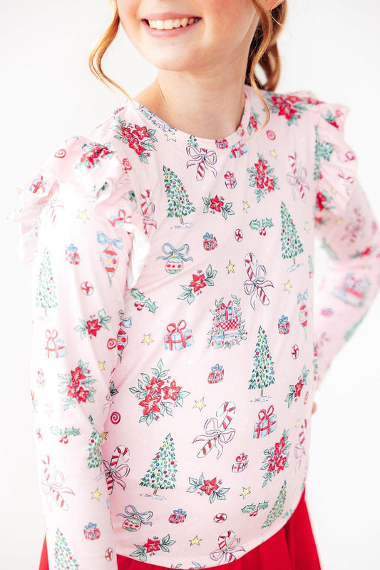 Pink Christmas L/S Ruffle Tee