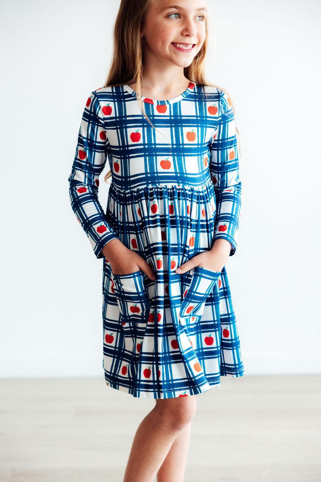 Plaid Apples L/S Pocket Twirl Dress