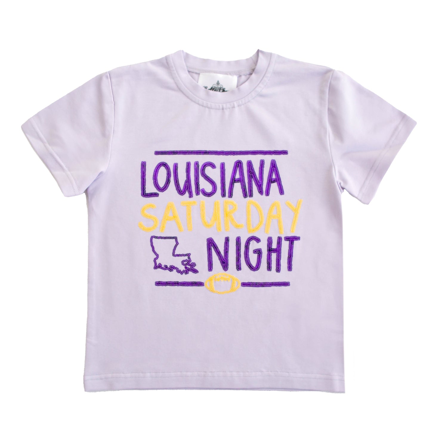 White Louisiana Saturday Night Shirt with purple and yellow text and football graphic