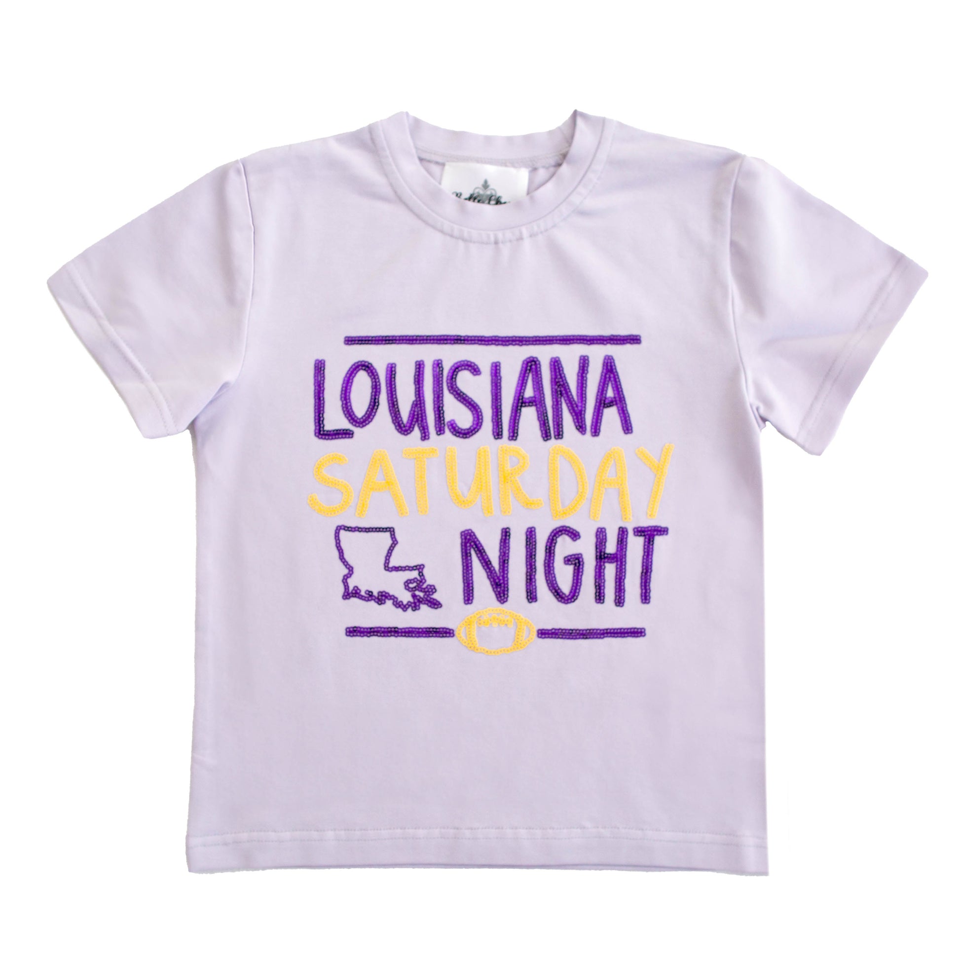 White Louisiana Saturday Night Shirt with purple and yellow text and football graphic