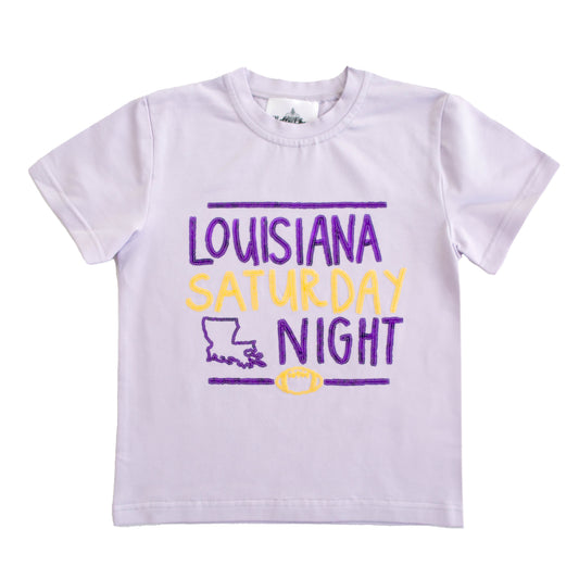 White Louisiana Saturday Night Shirt with purple and yellow text and football graphic