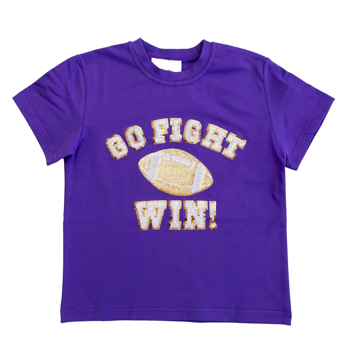 Kids purple Go Fight Win shirt with yellow sequin football design