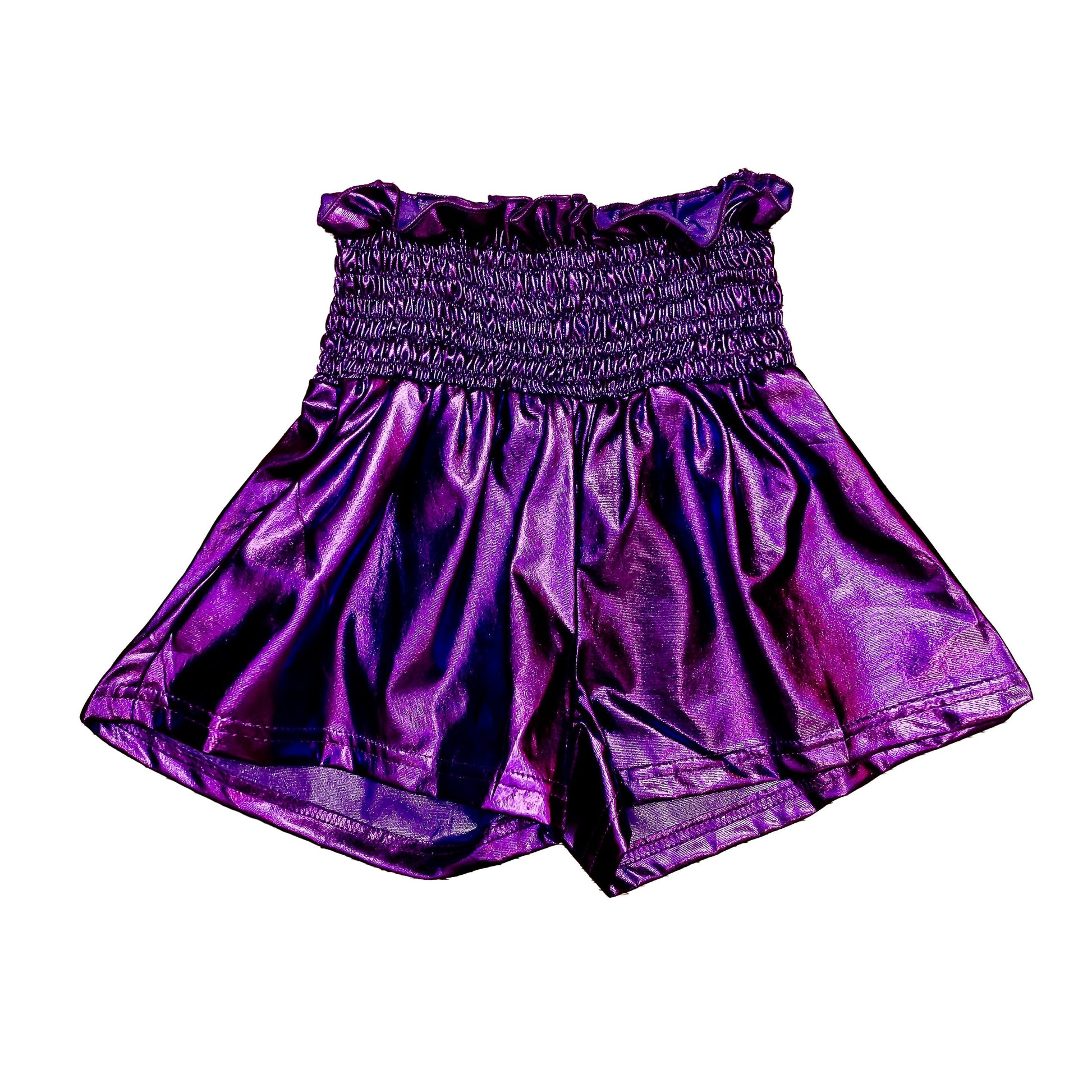 Purple Metallic Swing Shorts with shiny fabric and elastic waistband for a playful, comfortable fit