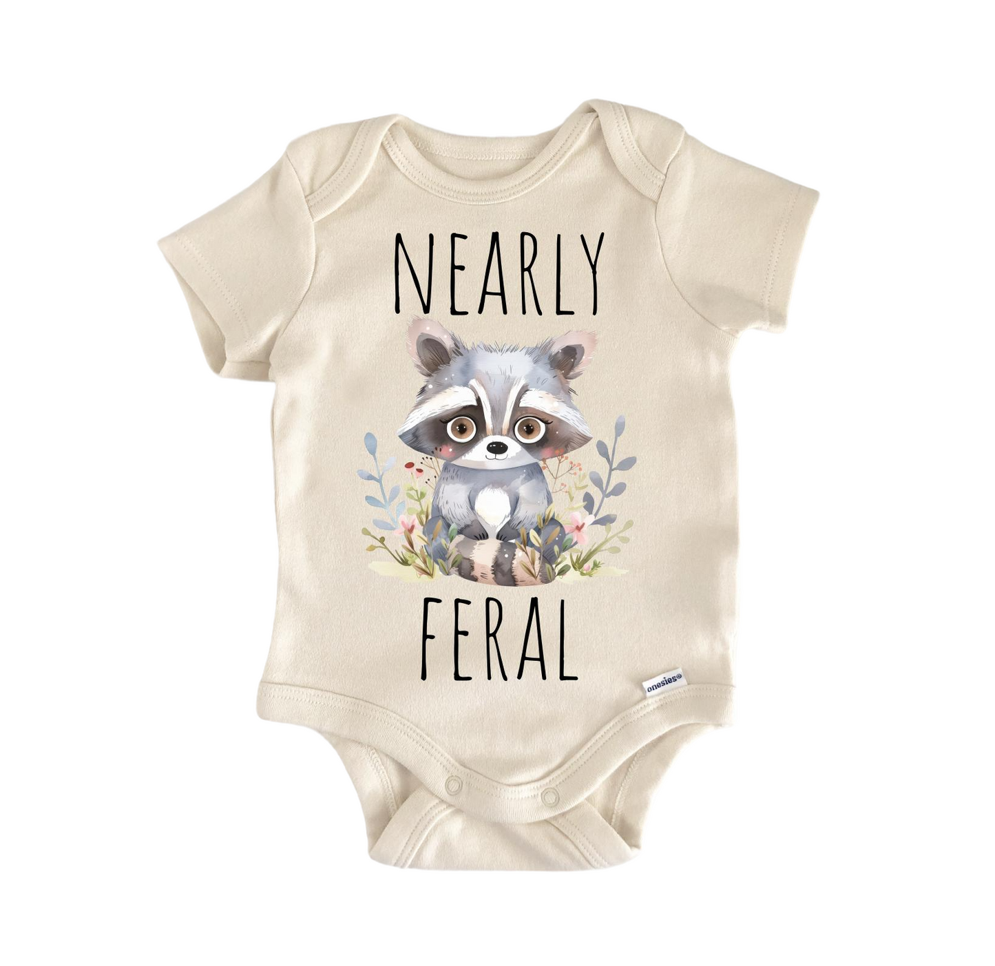 Raccoon rascal feral newborn baby onesie front view