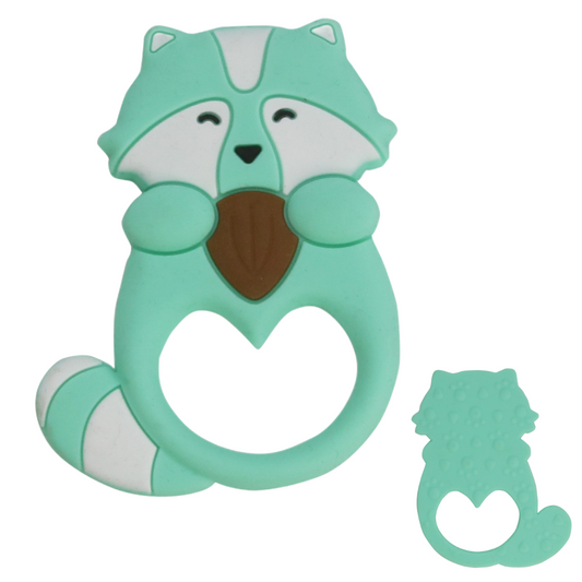 Baby raccoon silicone teething toy with multi-texture surface and easy-grip handle, safe for infants.