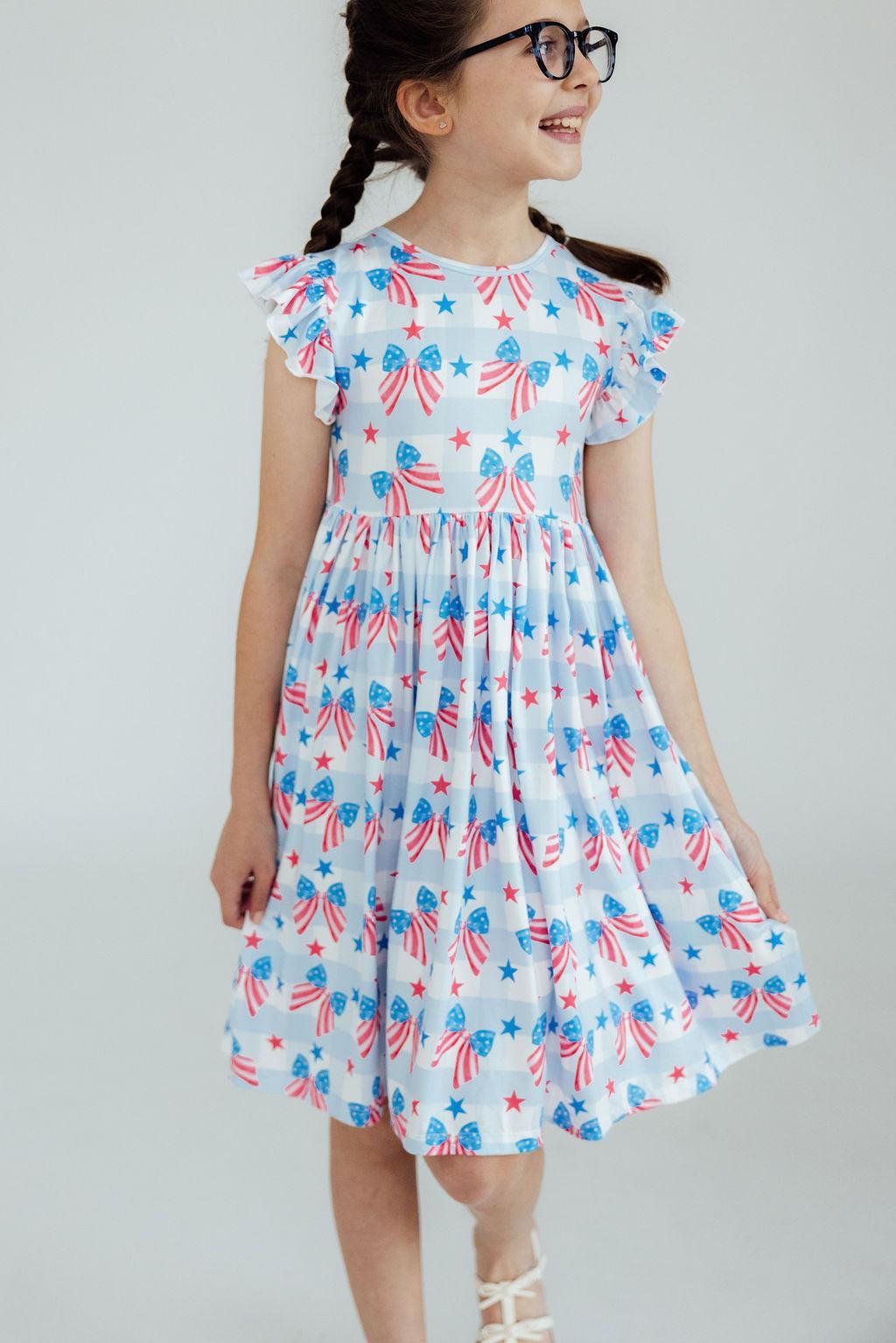 Red, White & Bows Flutter Sleeve Twirl Dress