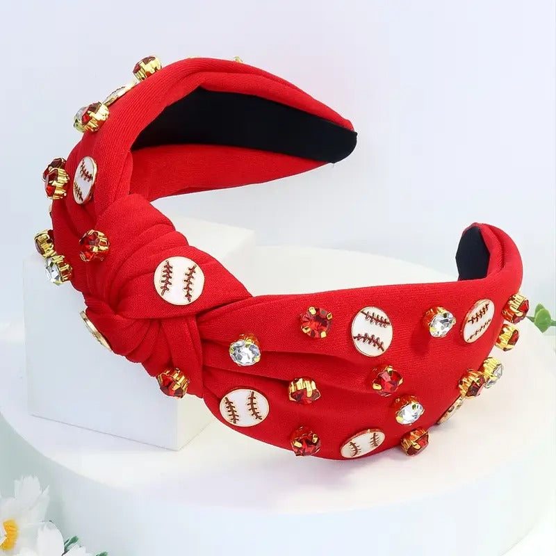 Red sporty knotted headband with baseball and rhinestone embellishments