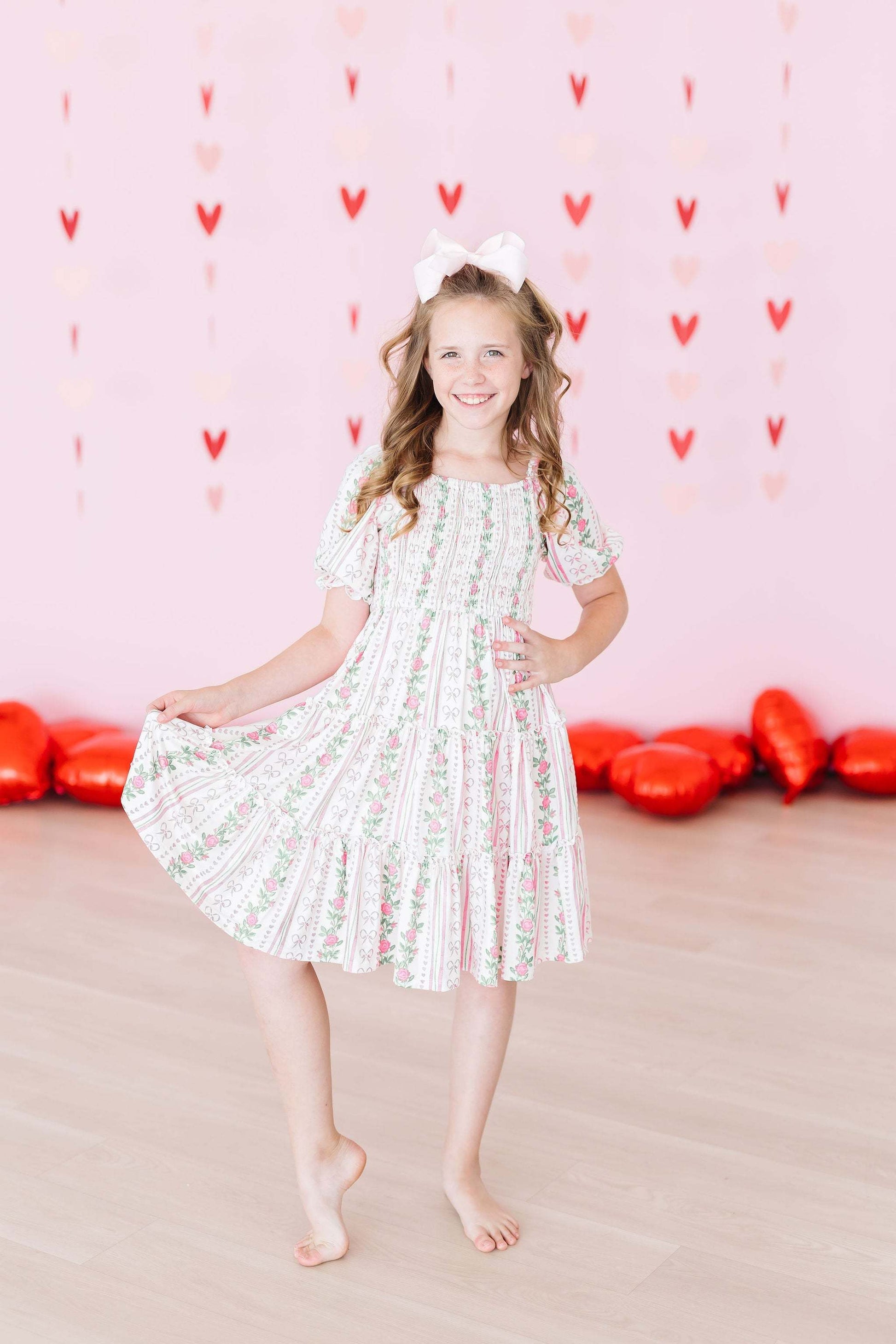 Rosebud Bows Smocked Ruffle Dress fabric and material close-up