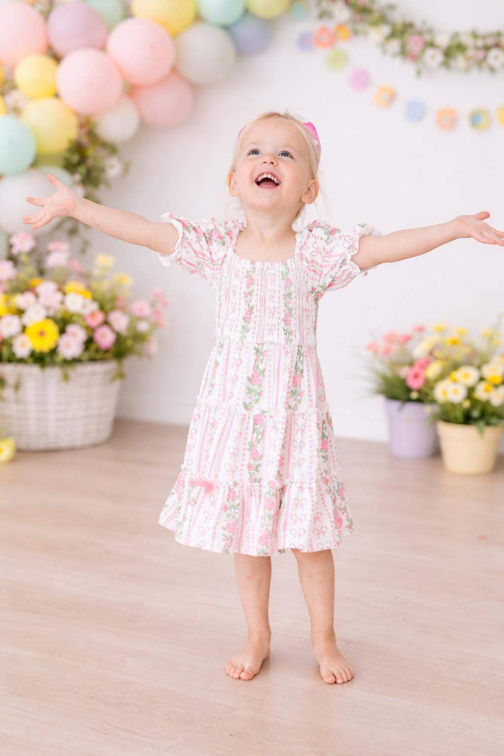 Rosebud Bows Smocked Ruffle Dress front view