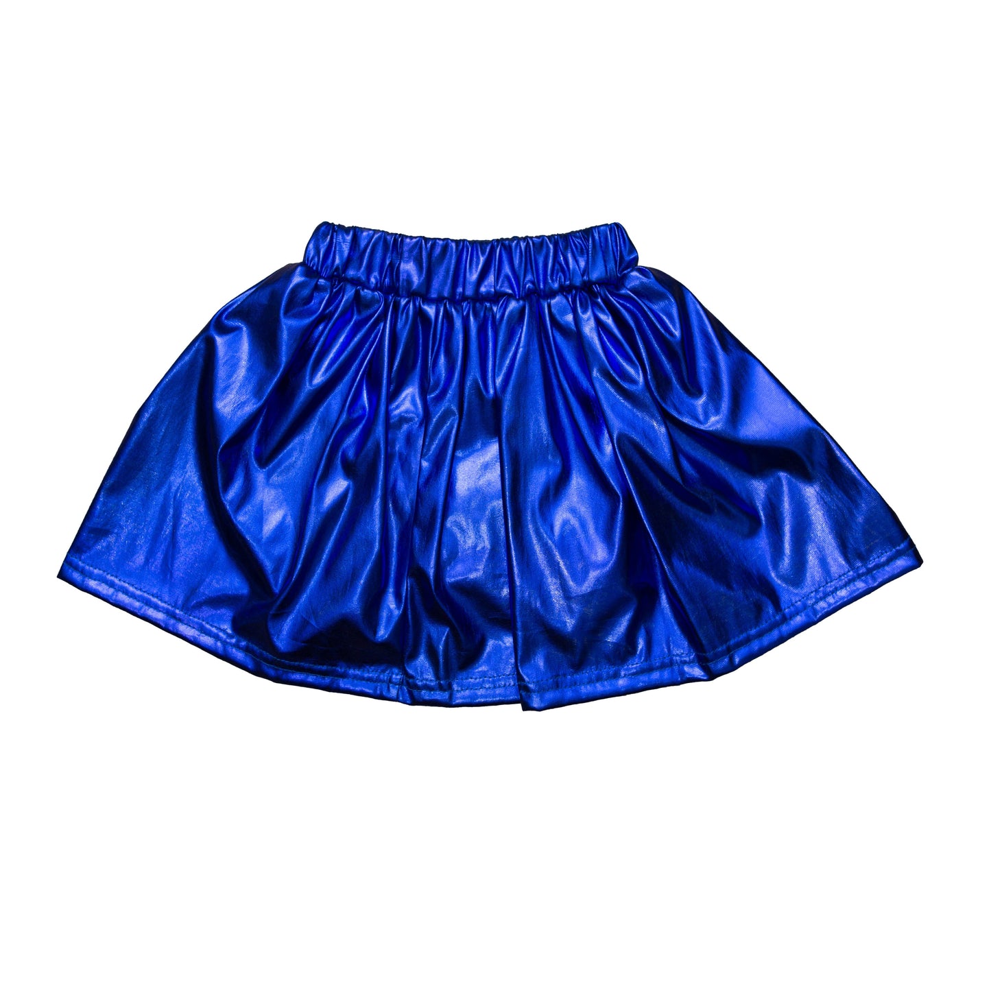 Royal blue metallic skorts with an elastic waistband, blending skirt shine with shorts comfort for stylish, sporty wear.