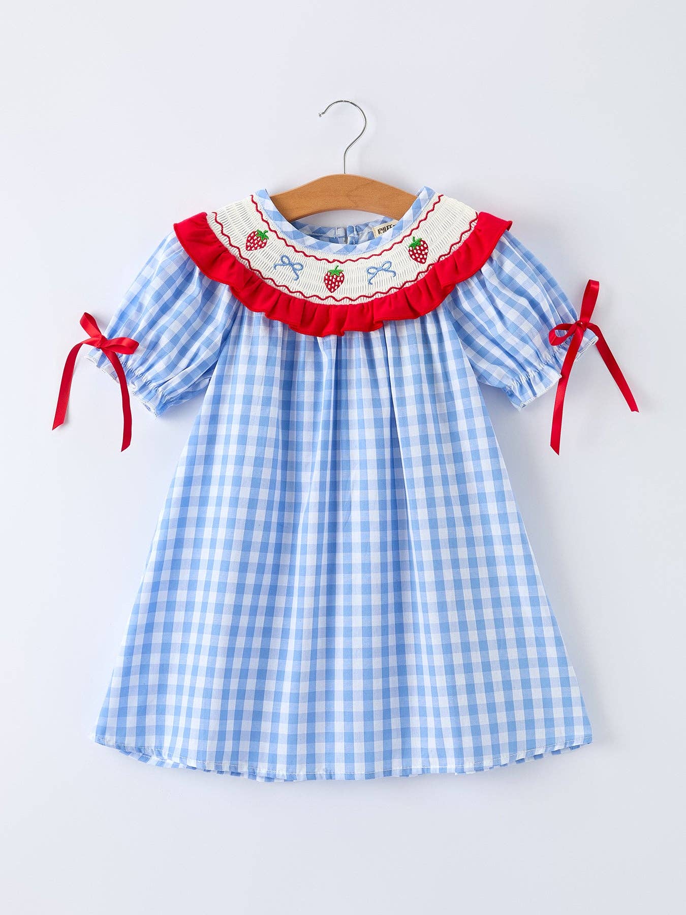 Blue checkered dress with red accents on a white background