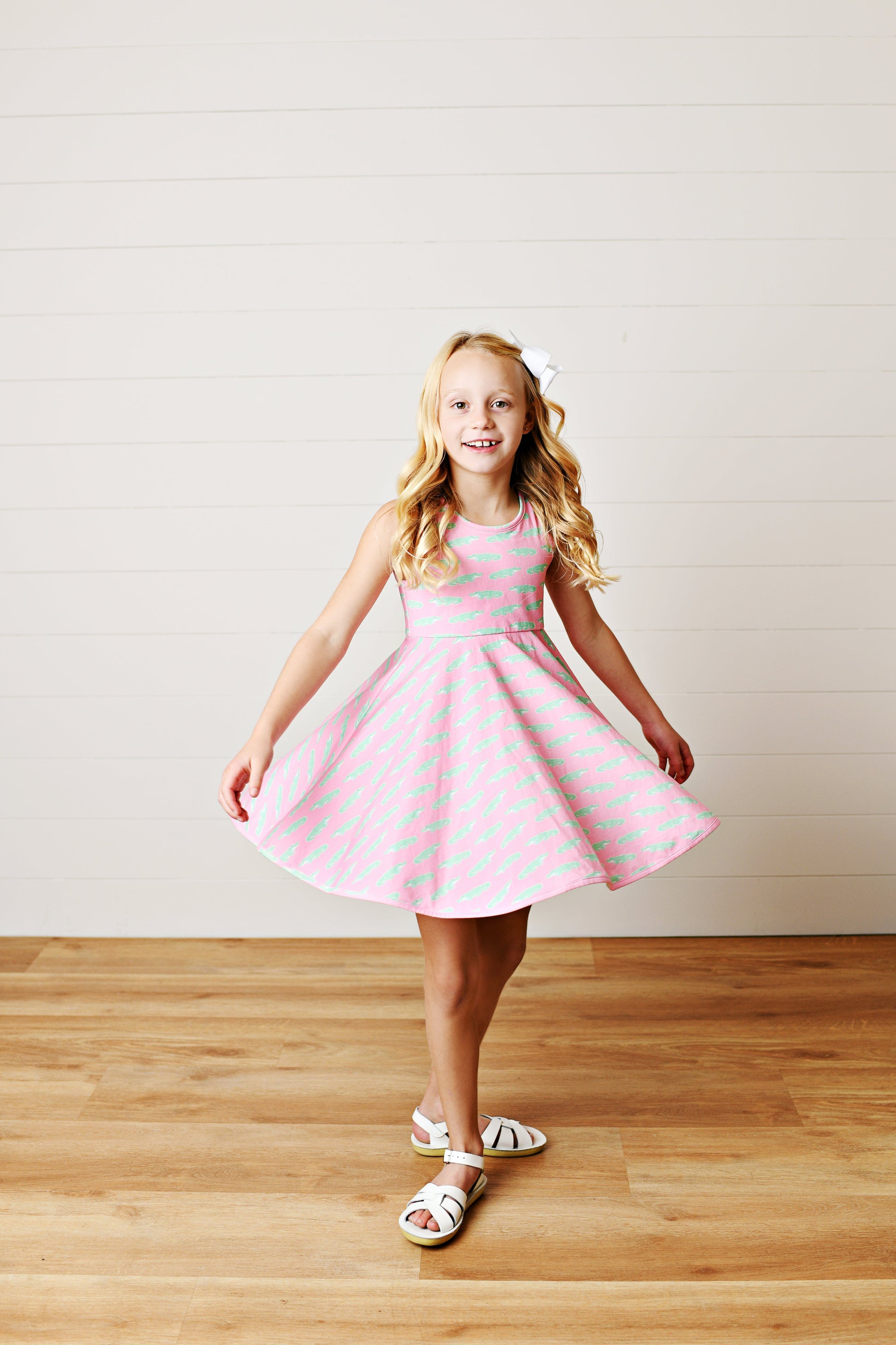Pink and mint alligator twirl dress detail view