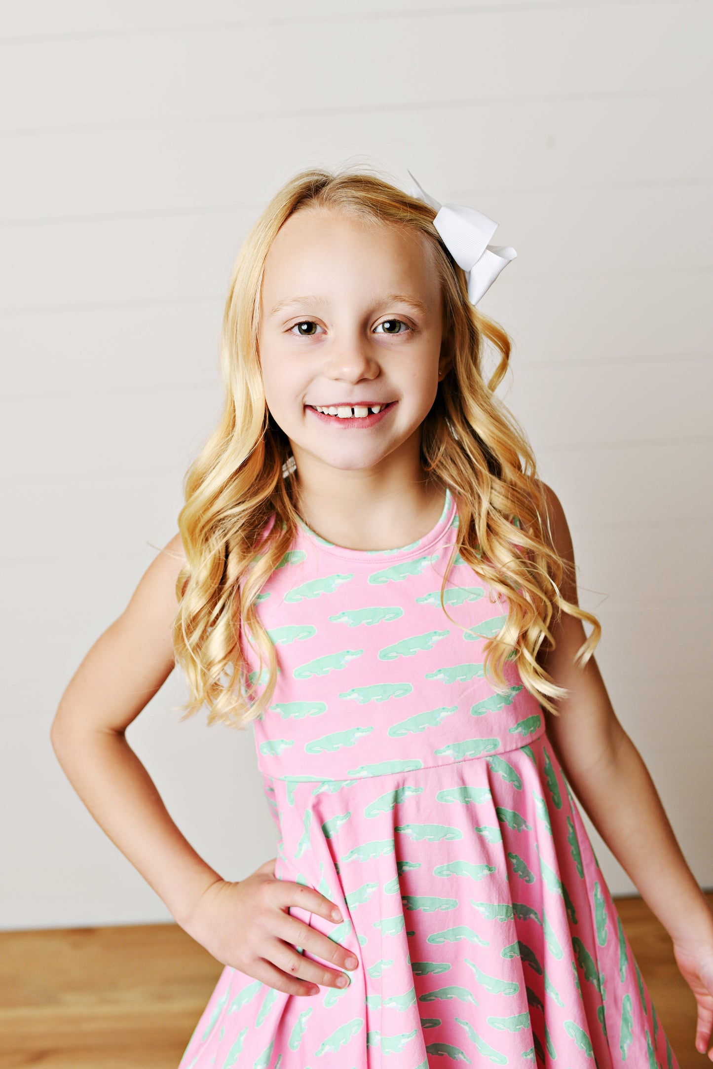 Pink and mint alligator dress twirl side view