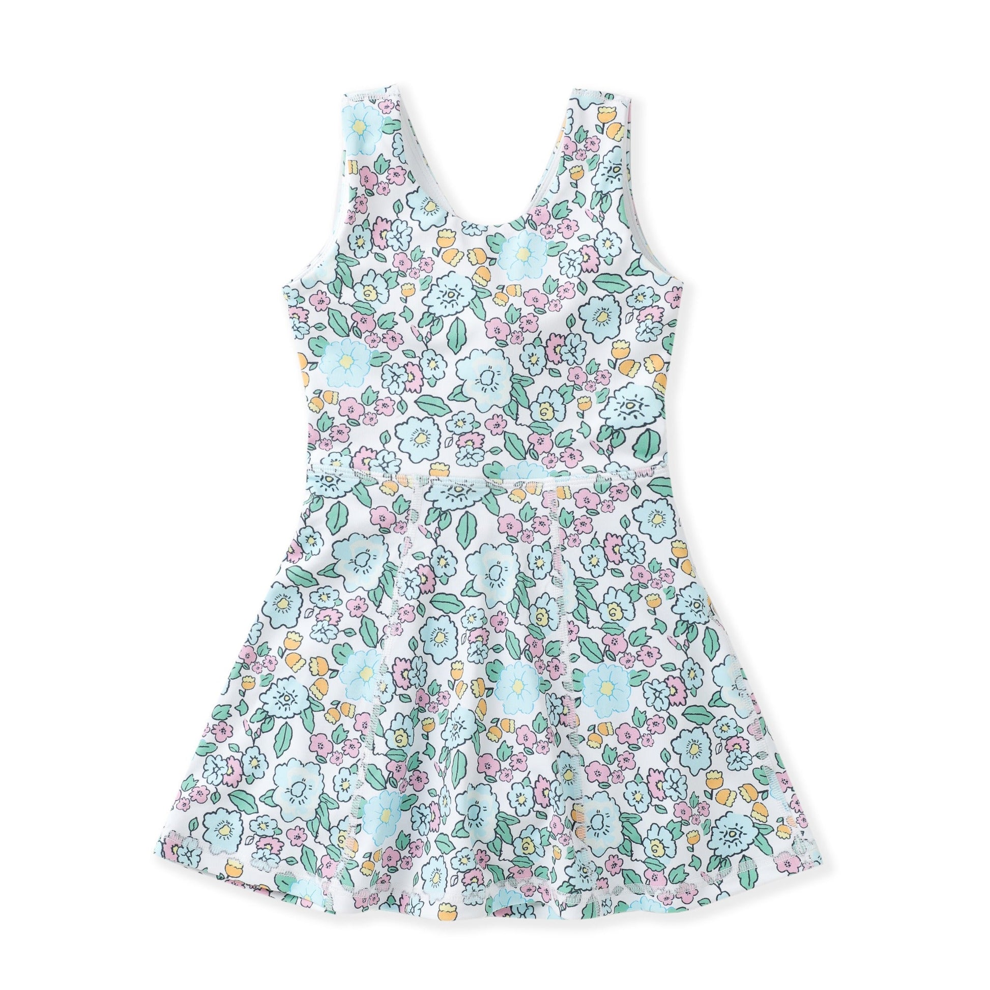 Girls aqua bloom floral athletic twirl dress with built-in shorts front view