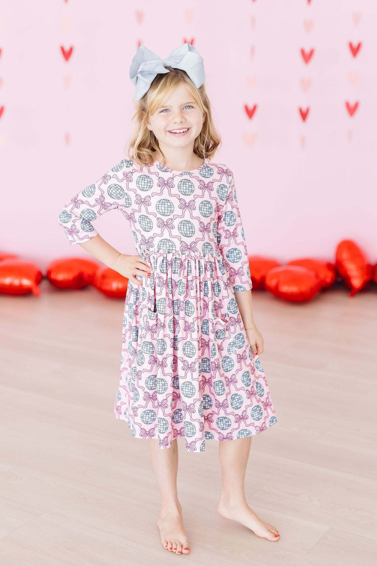 SALE Disco Bows 3/4 Sleeve Pocket Twirl Dress