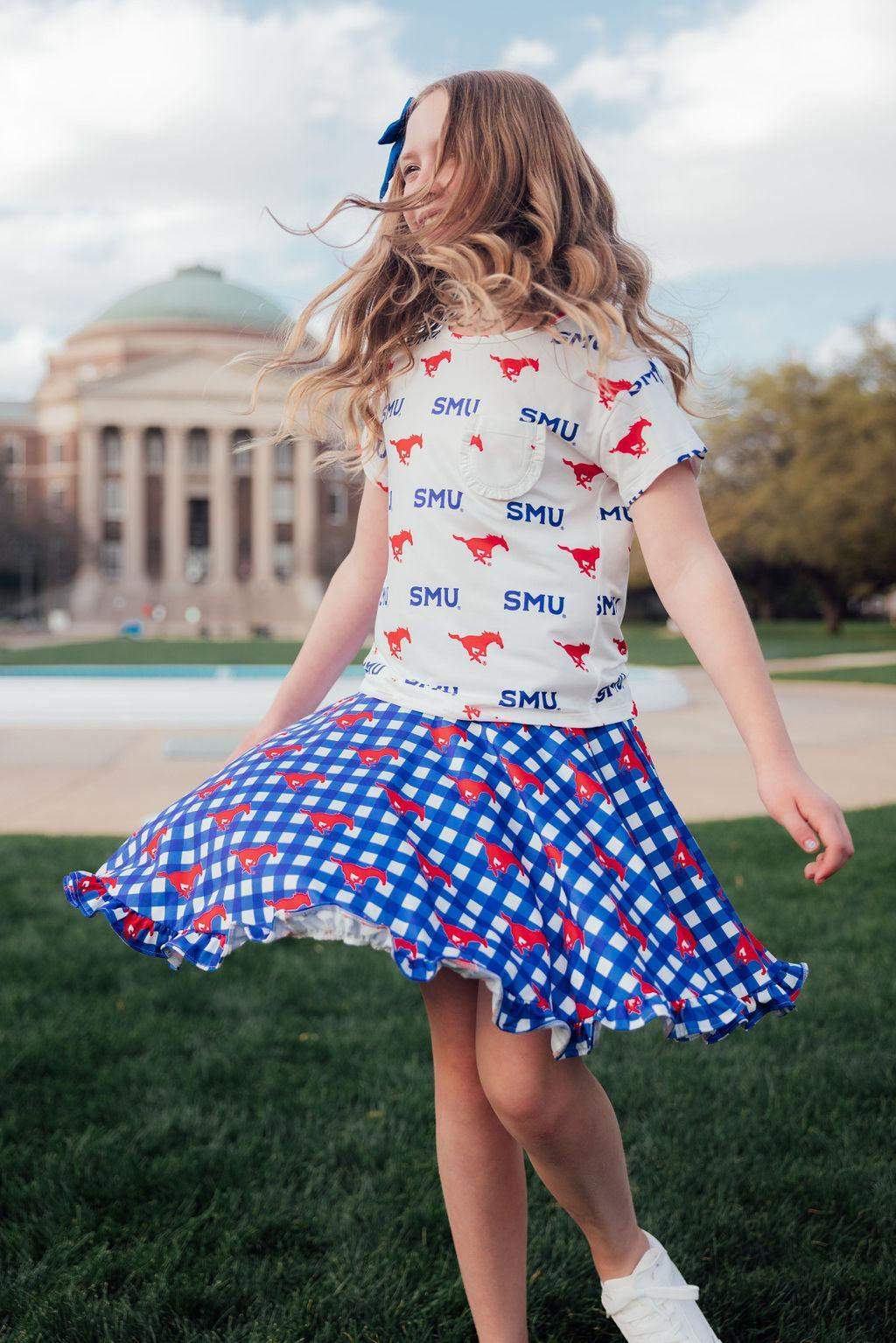 SMU White Mustang Ruffle Pocket Tee