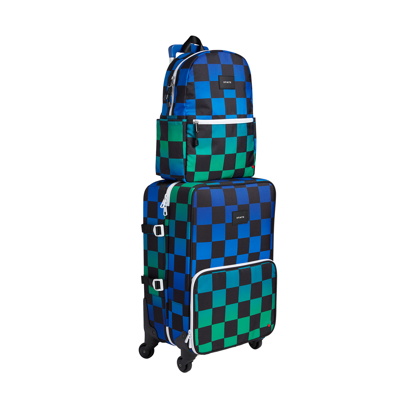 Logan Carry-On Suitcase in Blue Checkerboard, wheels and handle detail