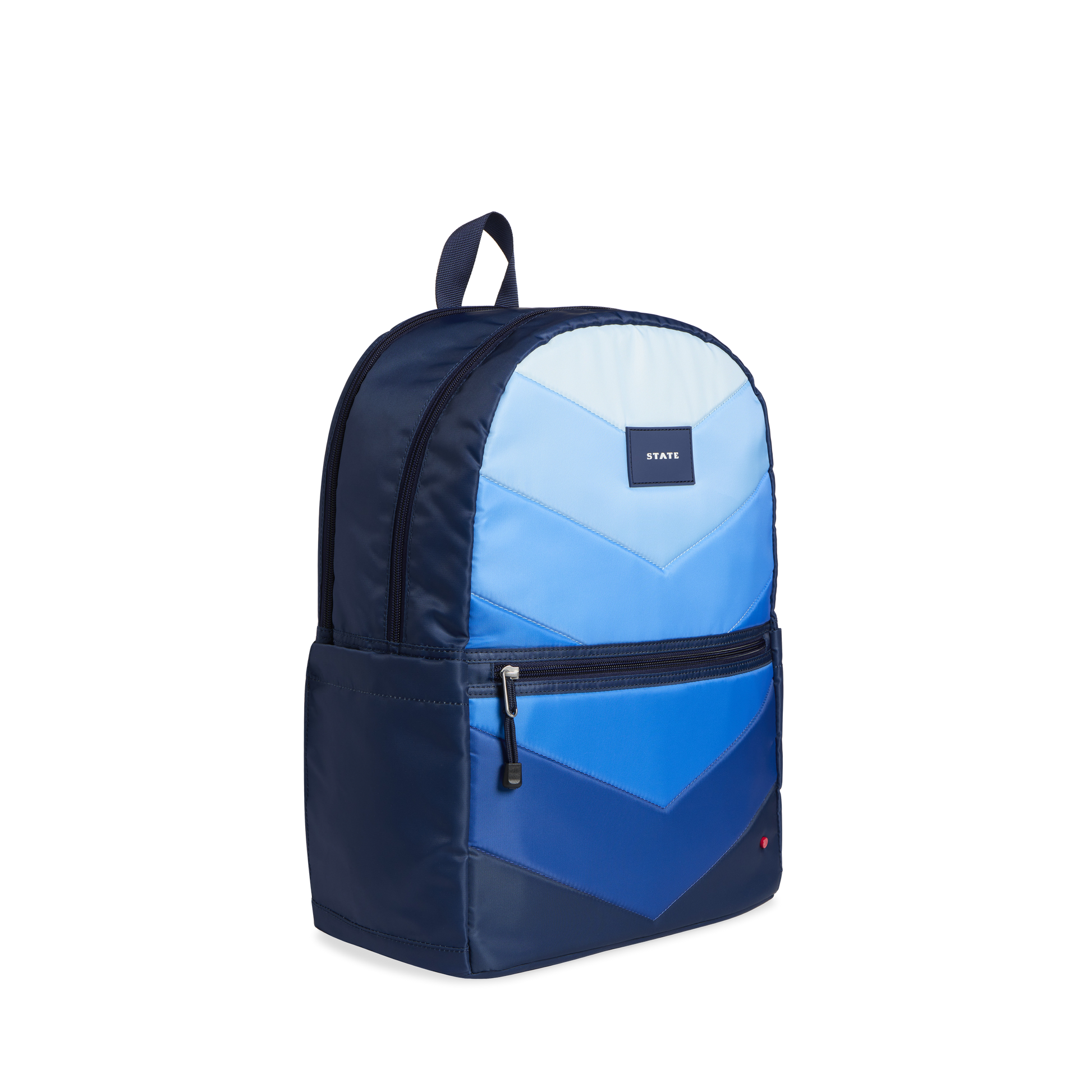 Kane Double Pocket Large Backpack in Blue Chevron, side detail