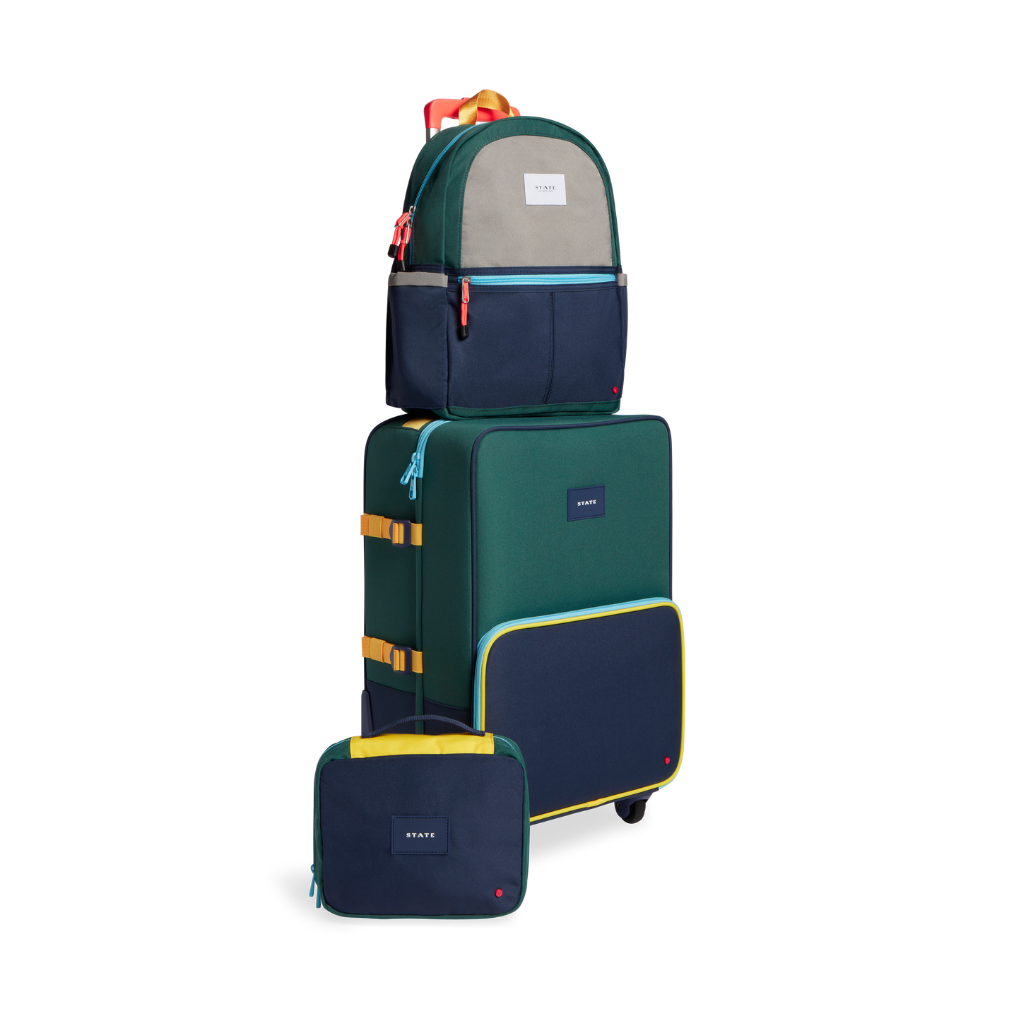 Logan Carry-On Suitcase in Green/Navy, wheels and handle detail