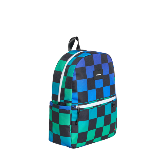 STATE Bags Kane Backpack in Blue Checkerboard, kids backpack made from recycled materials, detail view