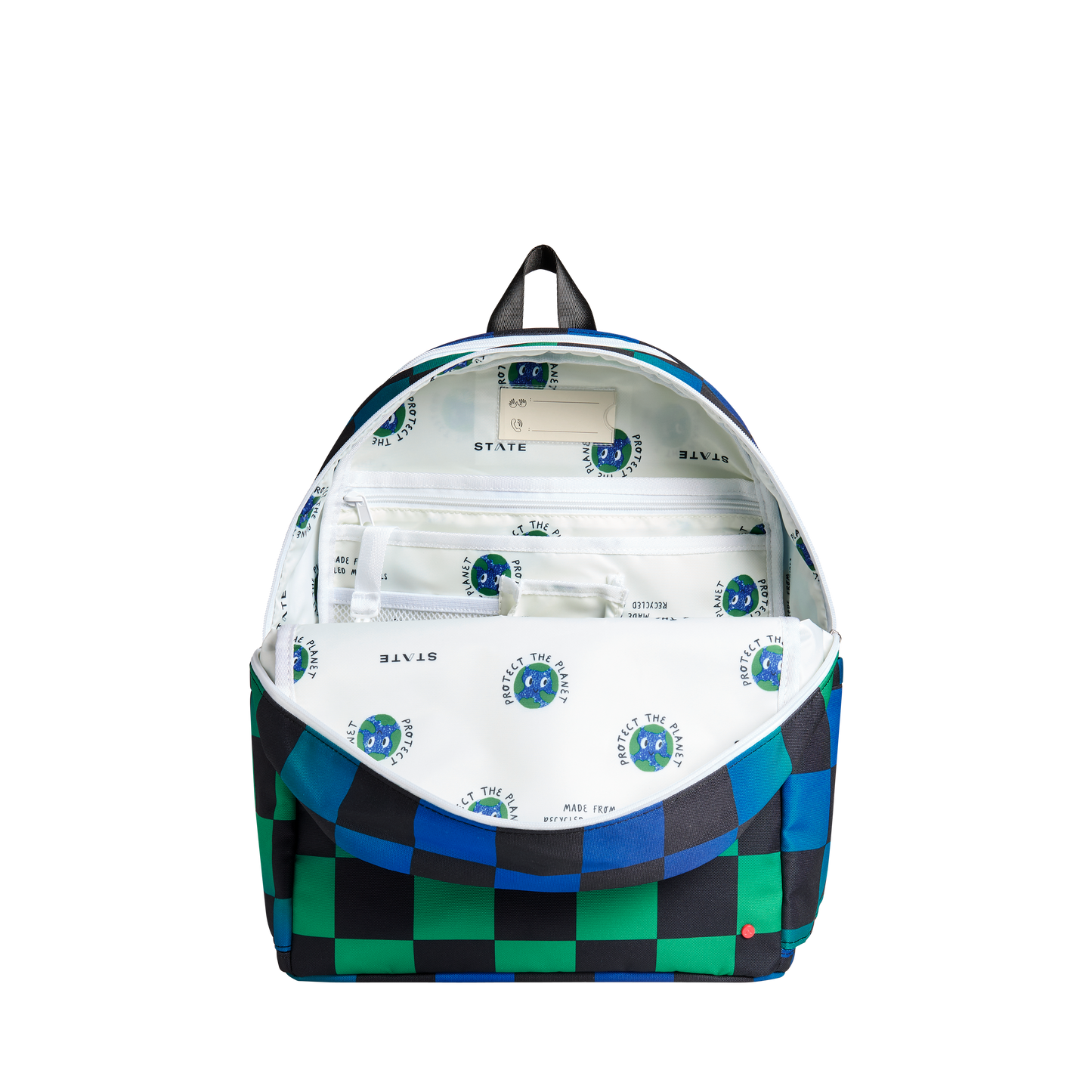 Kane Double Pocket Backpack in Blue Chevron, front pockets detail